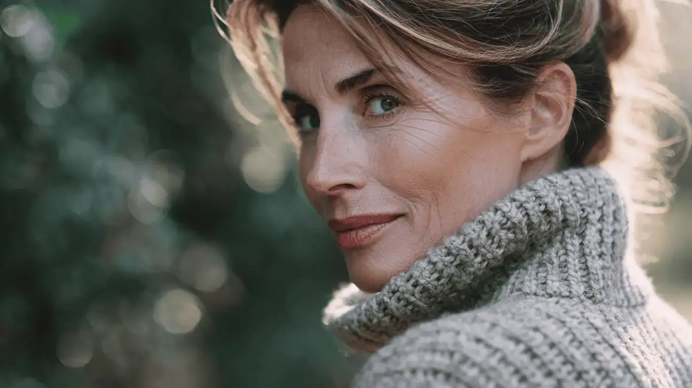 Adult woman in a turtleneck sweater, looking over her shoulder, showcasing a natural and youthful appearance, relevant to facelift consultation and rejuvenation.