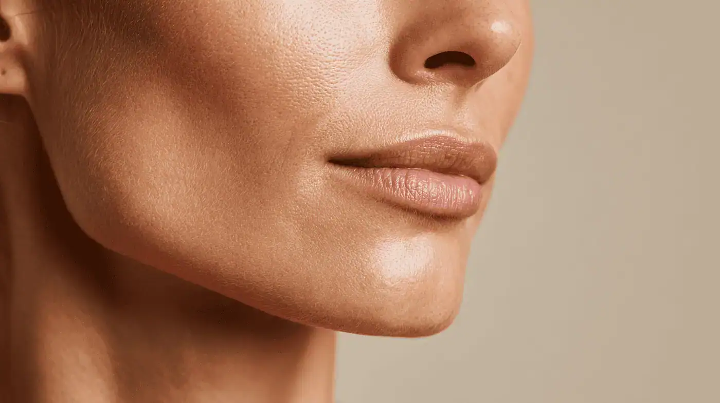 Close-up of a woman's lower face and jawline, highlighting the chin's shape and definition, emphasizing facial aesthetics and harmony in soft studio lighting.